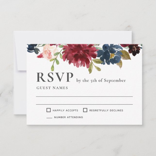 Navy y Burgundy Elegant Floral Wedding RSVP (Anverso)