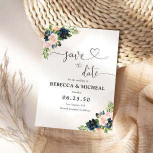 Navy y Rubor Pink Floral Guardar la tarjeta de fec