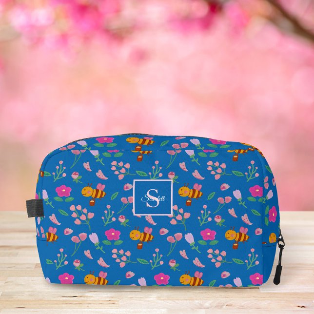 Neceser Acuarela Abeja y Flores Silvestres Rosadas Monogra (Subido por el creador)