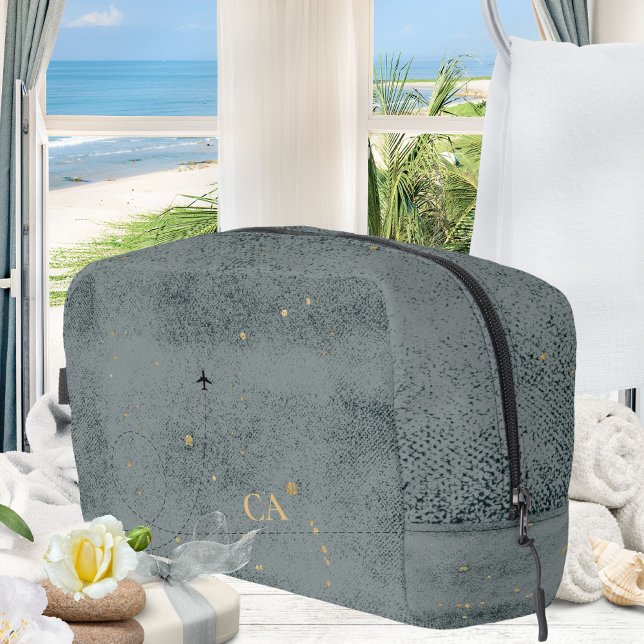 Neceser Avión de Monograma Mínimo Rústico Viaje de Oro Neg (Rustic Minimal Monogram Airplane Black Gold Travel Dopp Kit ©Susanne Sachers - Sunny Wanderlust 🌞✈️)