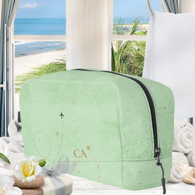 Neceser Avión verde monograma minimalista (Wanderlust Monogram Airplane Mint Gold Dopp Kit ©Susanne Sachers - Sunny Wanderlust 🌞✈️)