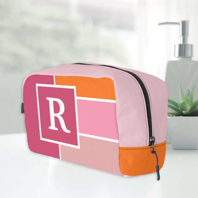 Neceser Bandas en rosa, blanco y naranja con Monograma (feminine dopp kitt. Pink cosmetic bag with monogram)