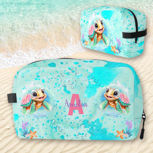 Neceser Chica de tortuga dulce Océano Turquesa nombre rosa (Cute Happy Turtle Girl Ocean Turquoise Pink Name Dopp Kit)