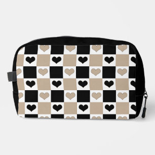 Neceser Corazones de damero en taupe, negro y blanco