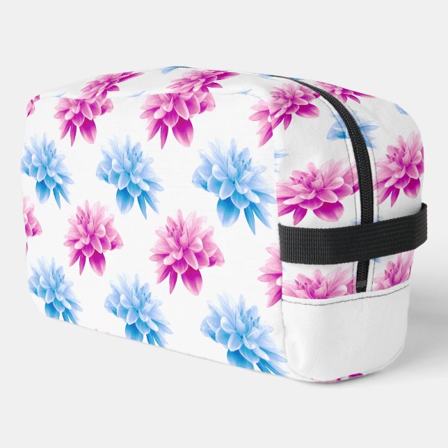 Neceser Dahlia rosa, Dahla azul, patrón floral, flores (Esquina izquierda)