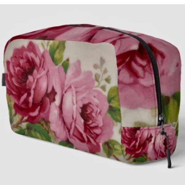 Neceser Elegancia de Rosa Vintage  (D: 9.5"x8"x3.75"  Two-interior mesh pockets - one zippered and one elastic.  Carry-handle. )