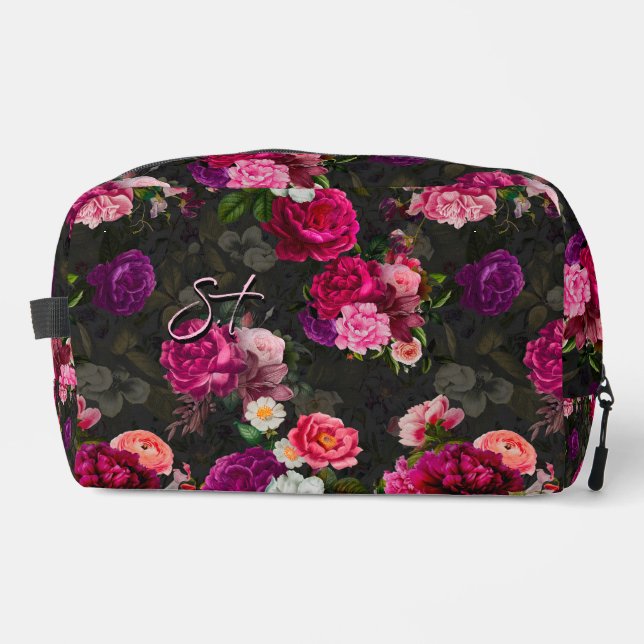 Neceser Elegante flor rosa accesorio de monograma negro (Anverso)