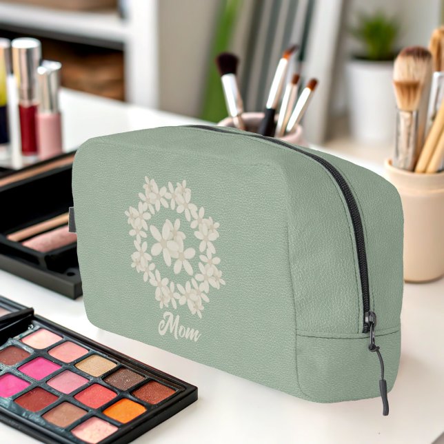 Neceser Elegante Sage Green Faux Leather Look Floral Wreat (A pretty sage green toiletry bag with space for your name)