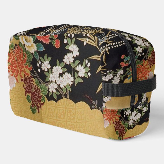 Neceser Floral japonesa de kimono de oro y negro oriental (Esquina izquierda)