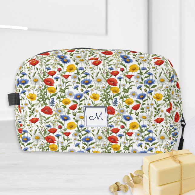 Neceser Flores Silvestres Coloridas Monograma Botánico Flo (A pretty monogrammed toiletry bag, adorned with a bright, colorful pattern of wildflowers)