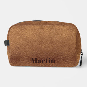 Neceser Kit de dopp de cuero marrón falso con texto Grabad