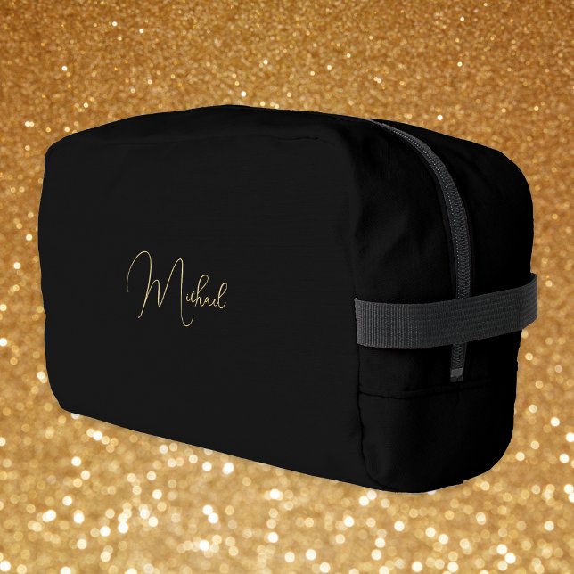 Neceser Monograma moderno de oro negro hombres mujeres via (Modern Black Gold Monogram Mens Womens Gym Travel Dopp Kit)
