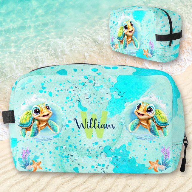 Neceser Nombre curado de niño de la tortuga feliz del océa (Cute Happy Turtle Boy Ocean Turquoise Name Dopp Kit)