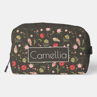 Neceser Nombre personalizado patrón floral marrón rojo ros