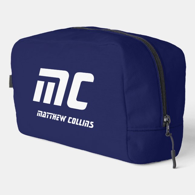 Neceser Nombre simple monogramado azul texto para él (Esquina derecha)