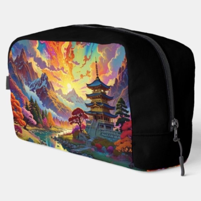 Neceser Pagoda y paisaje colorido (Vibrant Pagoda  Fantasy Landscape toiletry bag with sturdy polyester fabric  zippered closure. )