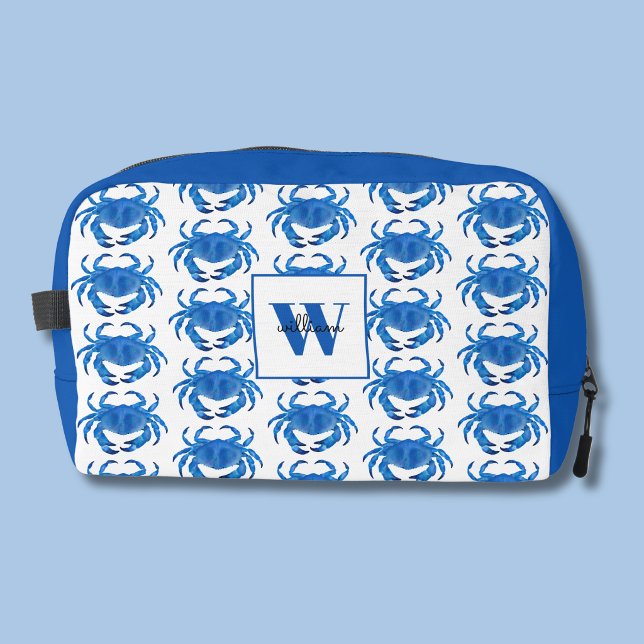 Neceser Patrón de cangrejo azul (Blue crab personalized dopp kitt bag front)