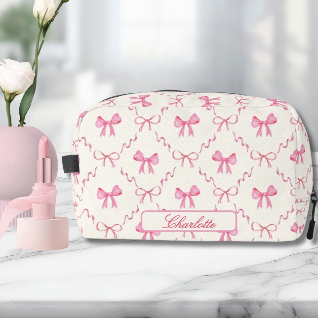 Neceser Pink Coquette Bow (cute elegant pink bow coquette cosmetics bag toiletry kit with custom name in calligraphy script)