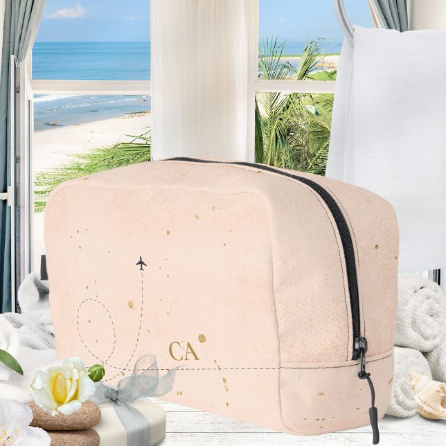 Neceser Wanderlust Monograma Avión Peach Pink Gold (Wanderlust Monogram Airplane Peach Pink Gold Dopp Kit ©Susanne Sachers - Sunny Wanderlust 🌞✈️)