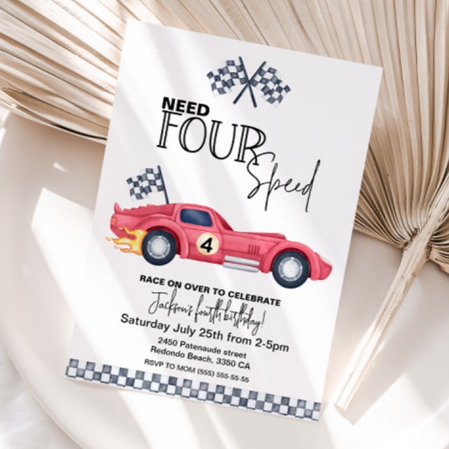 Necesita 4 Invitaciones de Cumpleaños de Velocidad (Red Race Car invitation - Need FOUR Speed - 4th birhtday invitation)