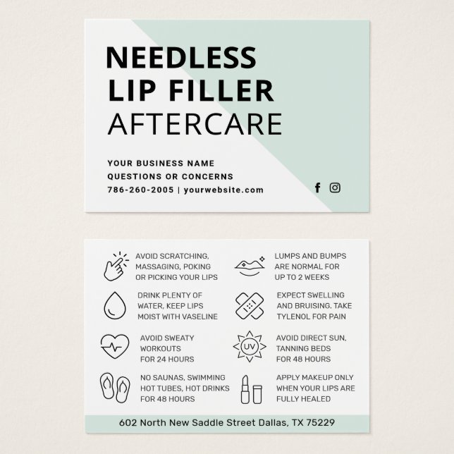 Needles Lips Filler Esthetician Aftercare Card  (Anverso y reverso)