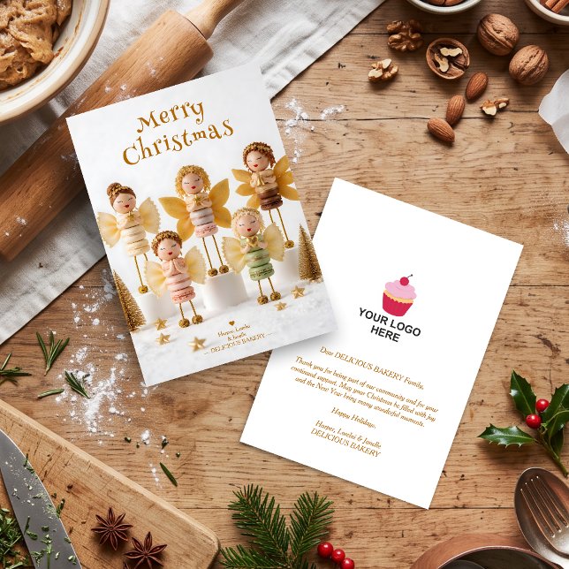 Negocio de comida de macarón angelical Navidad TMF (Angelic Macaron Food Business Christmas Holiday Greeting Card With Cute Miniature Angels.)