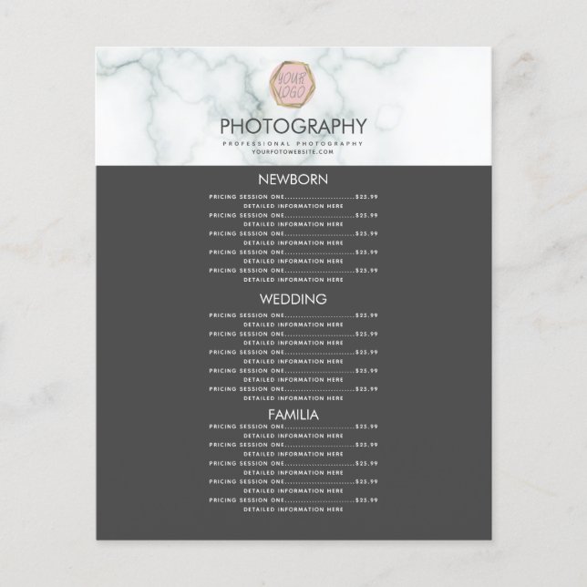 Negocio de Fotografía Logotipo Menú de Mármol Gris (Anverso)