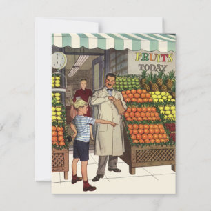 Negocio vintage, base de fruta con Grocer y Boy