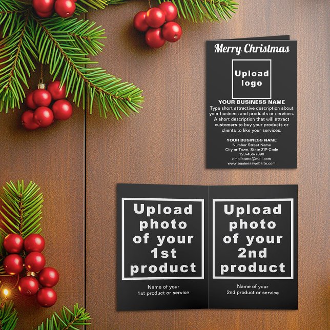 Negra | Navidad | Negocios | Tarjeta de Navidad pl (Black folded holiday card for Christmas with your business brand and products or services)