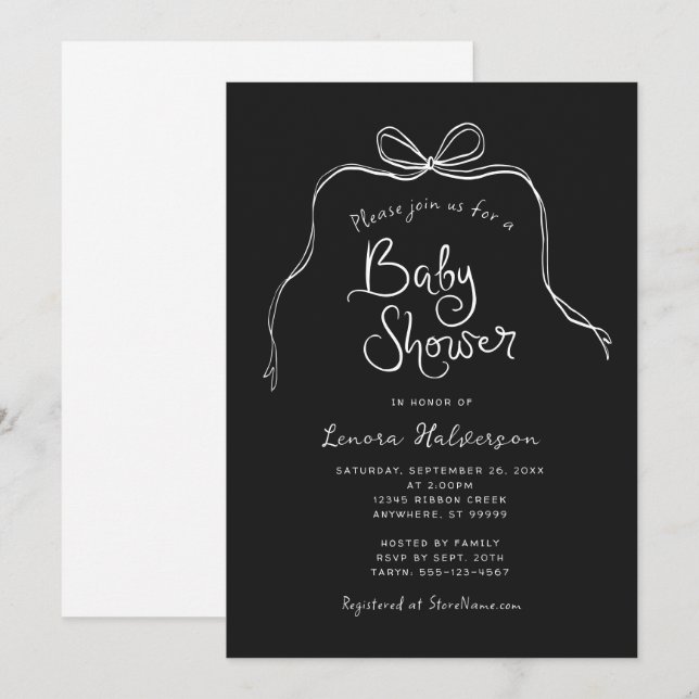 Negra Negra Negra Simple Bow Invitación Baby Showe (Anverso / Reverso)