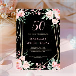 Negra | Rubor Pink Floral 50ª Invitación de cumple<br><div class="desc">¿Buscando una bella y elegante invitación de cumpleaños? Echa un vistazo a nuestra invitación floral rosa negro y negro con un impresionante marco geométrico dorado. Esta invitación al personalizable es perfecta para cualquier celebración de cumpleaños, ya sea un dulce 16, 30 o 60. Las delicadas flores rosas le dan un...</div>
