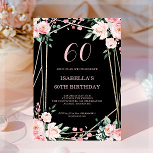 Negra   Rubor Pink Floral 60ª Invitación de cumple