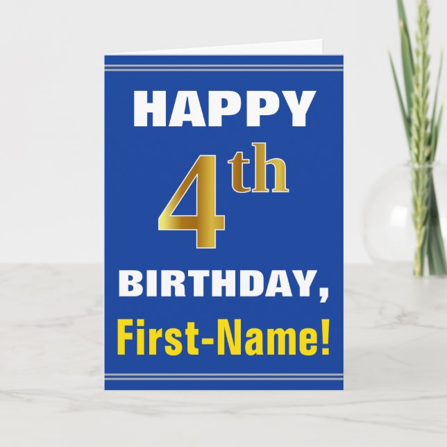 Negrita, azul, falso oro 4º cumpleaños con tarjeta (Anverso)
