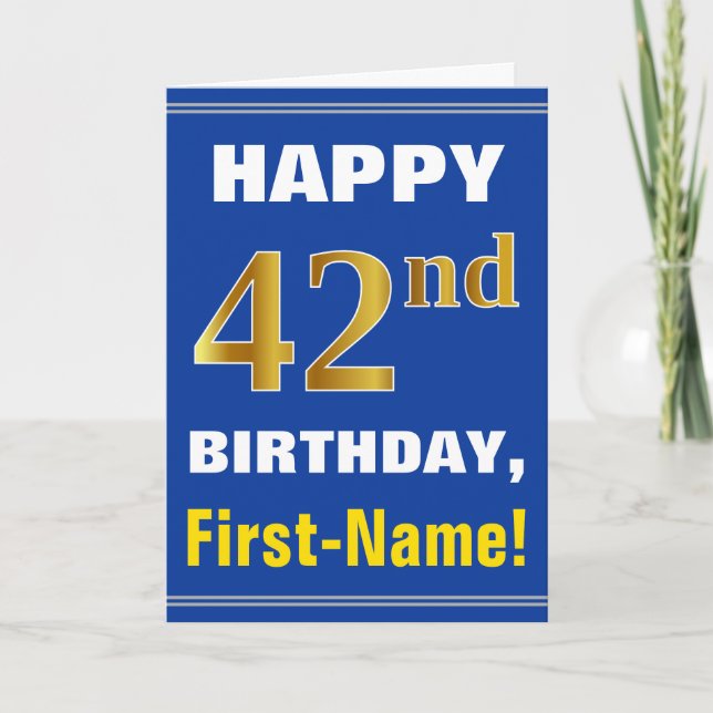 Negrita, azul, falso oro 42 cumpleaños con tarjeta (Anverso)
