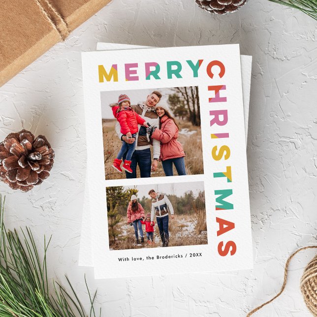 Negrita Colorida Feliz Navidad 2-Foto  (bold, modern, colorful Merry Christmas typography 2-photo card)