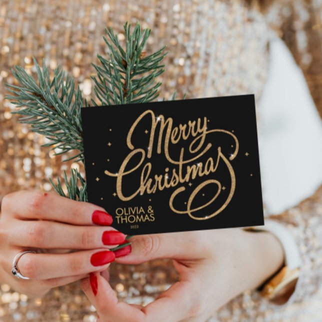 Negrita Oro Negro Feliz Navidad 2023 (Merry Christmas Elegant Black & Gold Script Holiday Postcard, Modern Minimalist Christmas Cards)