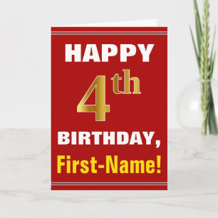 Negrita, rojo, falso oro 4º cumpleaños con tarjeta