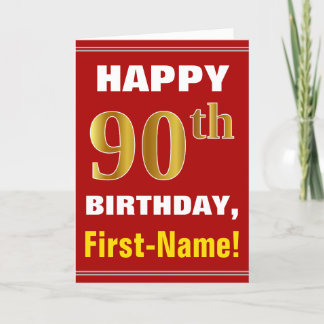 Negrita, rojo, falso oro 90 cumpleaños con tarjeta