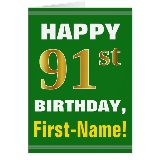 Negrita, verde, falso oro 91º cumpleaños con tarje (Frente)