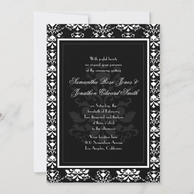 Negro con Damasco blanco Elegante Invitación a la  (Anverso)