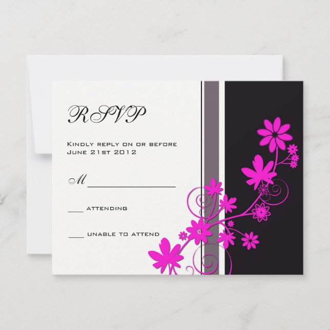 Negro con Hot Pink Flower Wedding RSVP (Anverso)