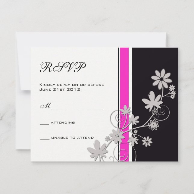 Negro con Hot Pink Flower Wedding RSVP (Anverso)