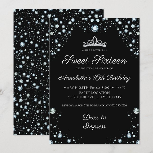 Negro con invitaciones de cumpleaños de diamantes (Anverso / Reverso)