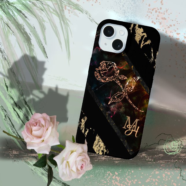Negro con Monograma de Rosa  (Black with Rose Monogram iPhone 15 Case)