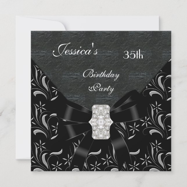 Negro Damask Invitación Negra Plata Blanca 35º Bi (Anverso)