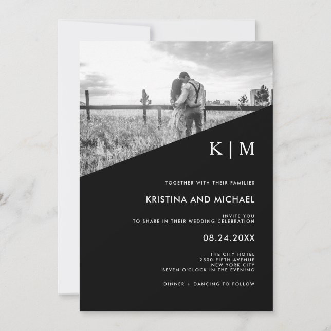 Negro diagonal moderno | Invitación a la boda foto (Anverso)