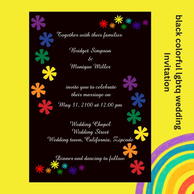 negro elegante flor lgbtq amor Invitación a la bod (black colorful lgbtq  wedding Invitation by wedding Hobinishop)