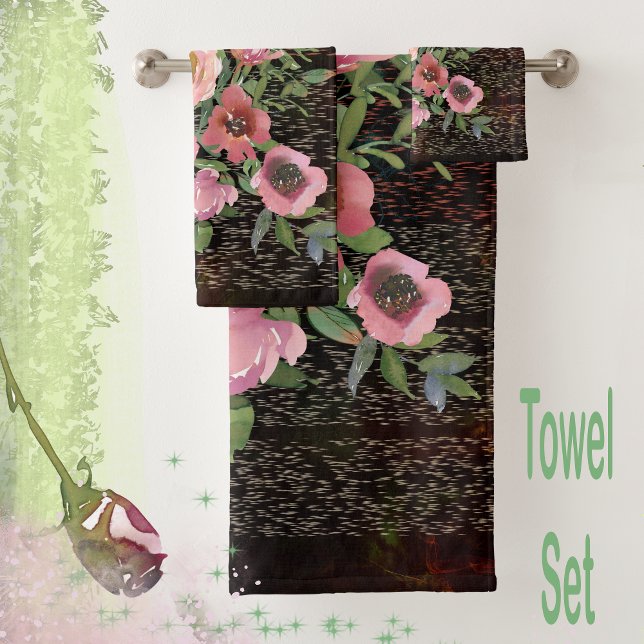 Negro floral rosa (Pink floral black watercolor beautiful towel set of 3 towels
)