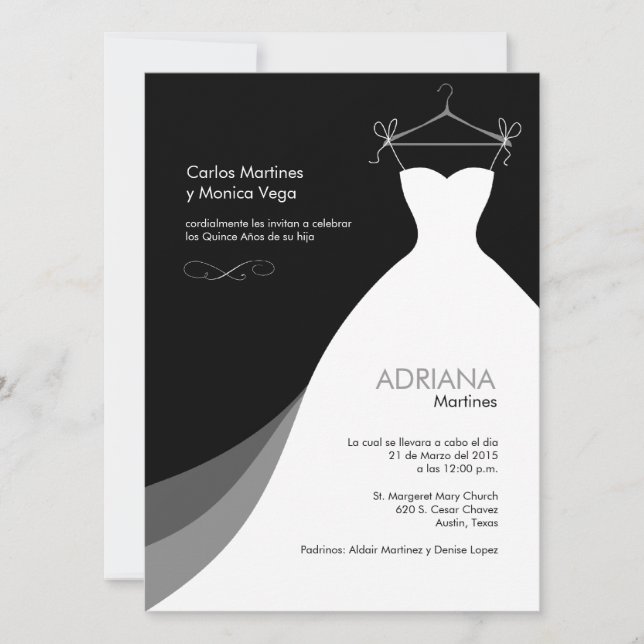 Negro Invitaciones de Quinceañera Vestido (Anverso)