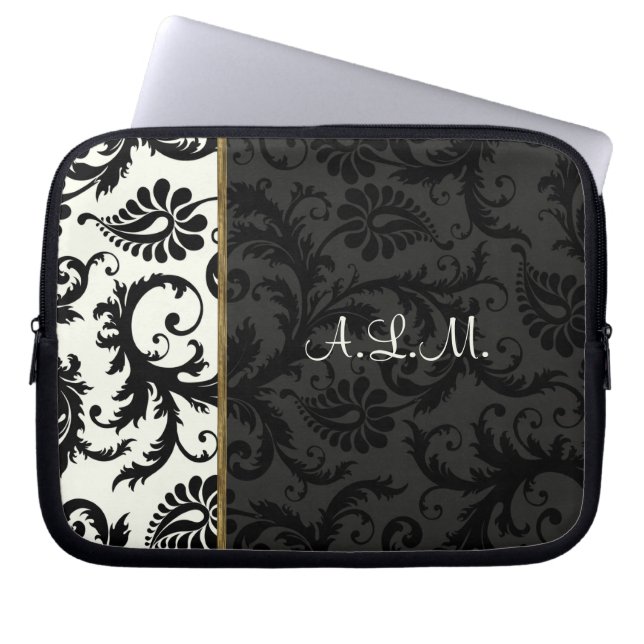 Negro, marfil, dorado Damasco floral Funda para po (Frente)